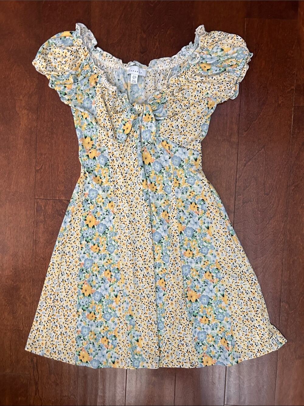 Topshop Milkmaid Yellow and Blue Floral Ruffle-Neck Mini Dress, Size 6